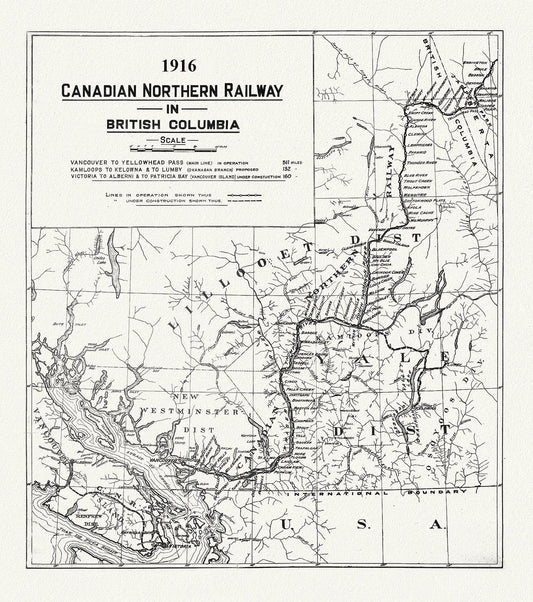 Canadian Northern Railway in British Columbia, 1916 , map on heavy cotton canvas, 50 x 70cm, 20 x 25" approx. - The Map Chest