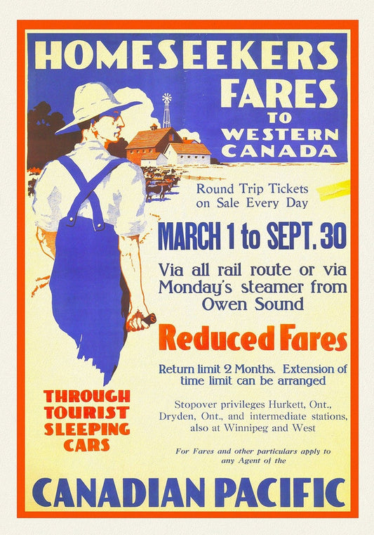 Canadian Pacific, Homeseeker Fares to Western Canada, 1910, travel poster on heavy cotton canvas, 50 x 70 cm, 20 x 25" approx. - The Map Chest