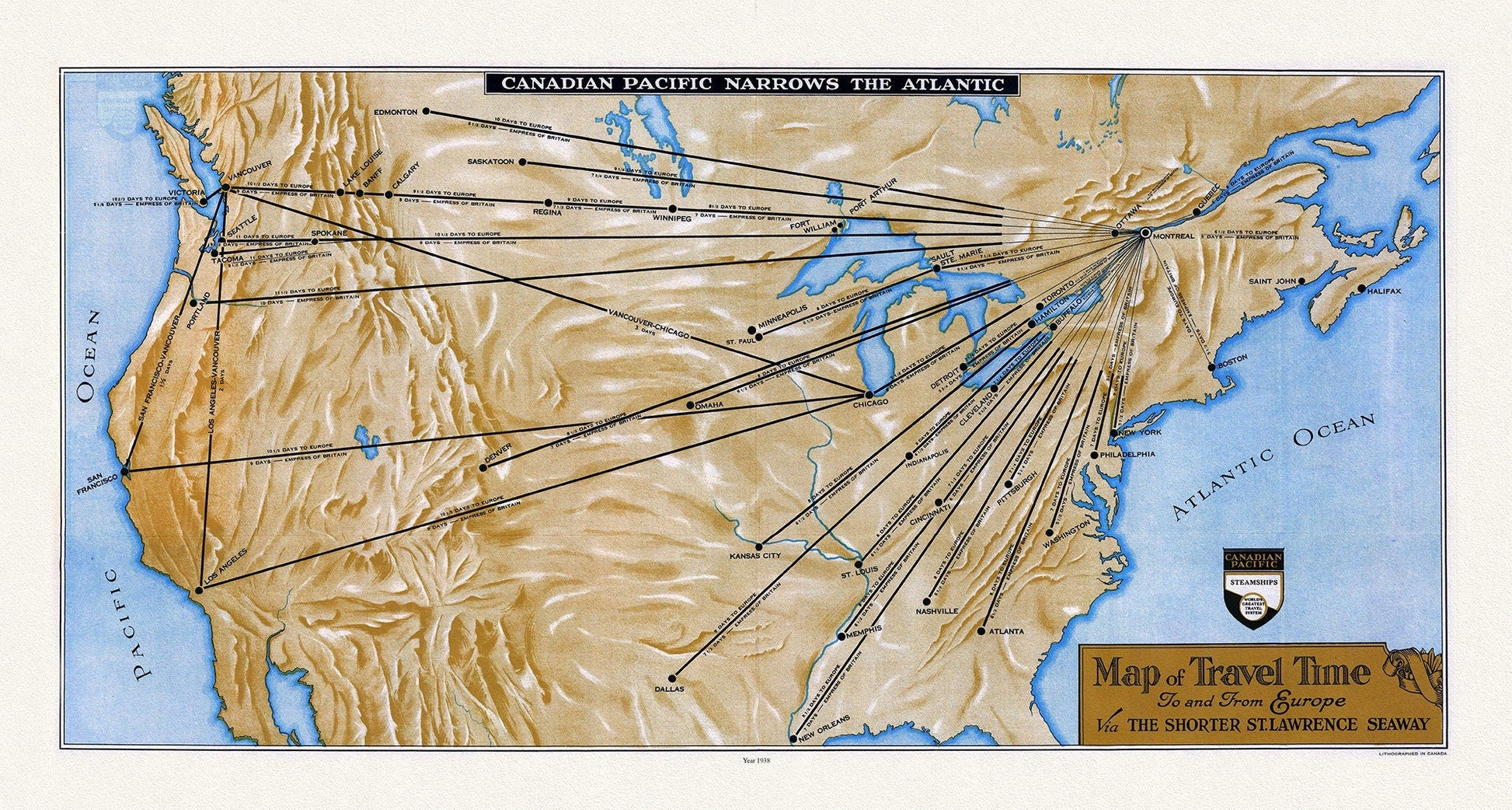 Canadian Pacific, Map of Travel Time To and From Europe Via the Shorter St. Lawrence Seaway, 1938, 20x27", Map on heavy cotton canvas - The Map Chest