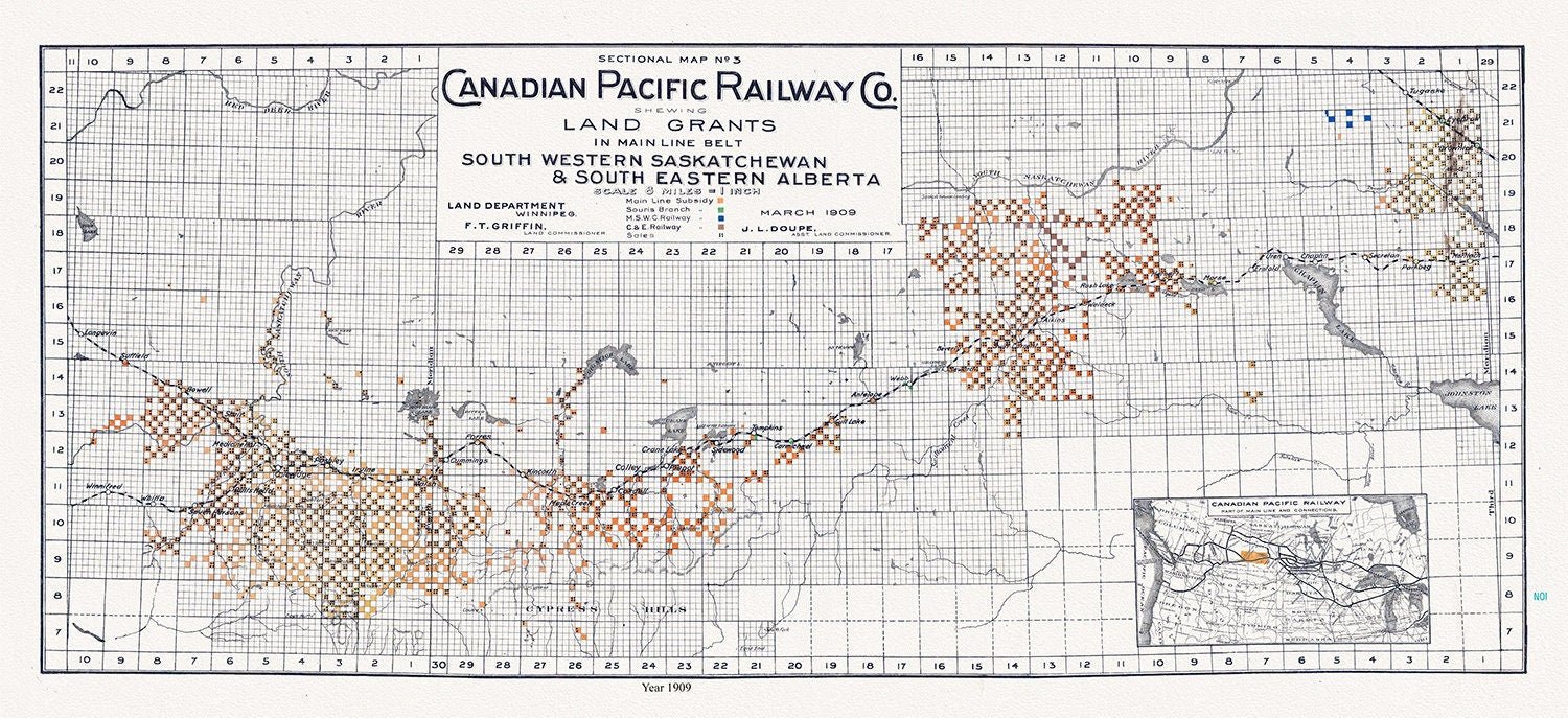 Canadian Pacific Railway Co. shewing Land Grants in Mainline Belt, South Western Saskatchewan & South Eastern Alberta, 1909, 14 x 36" approx - The Map Chest