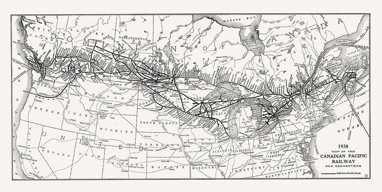 Canadian Pacific Railway & Connections, 1938 , vintage map reprinted on durable cotton canvas, 50 x 70 cm or 20x25" approx. - The Map Chest