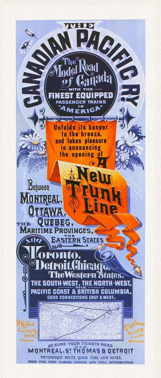 Canadian Pacific Railway, New Trunk Line, The Model Road of Canada, 1883, travel poster on heavy cotton canvas, 18 x 29" approx. - The Map Chest