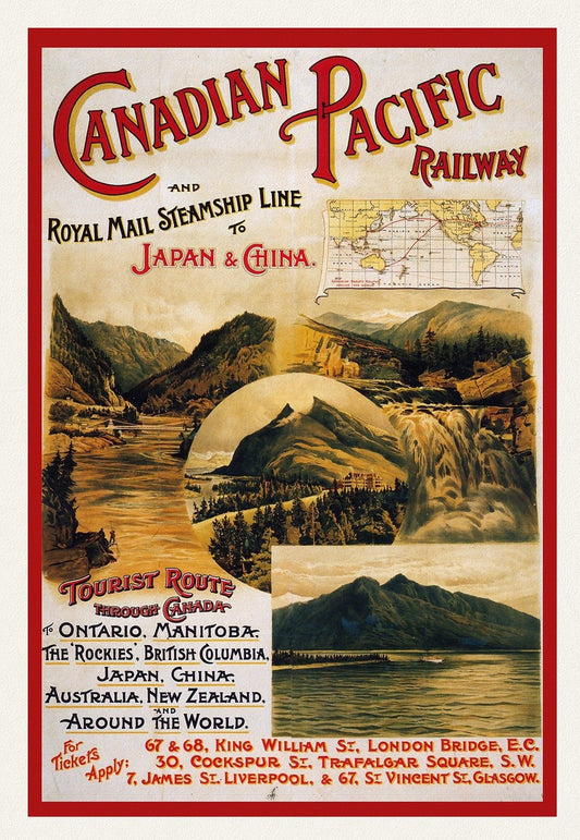 Canadian Pacific Railway & Steamships, To Japan and China, 1895, travel poster on heavy cotton canvas, 50 x 70 cm, 20 x 25" approx. - The Map Chest