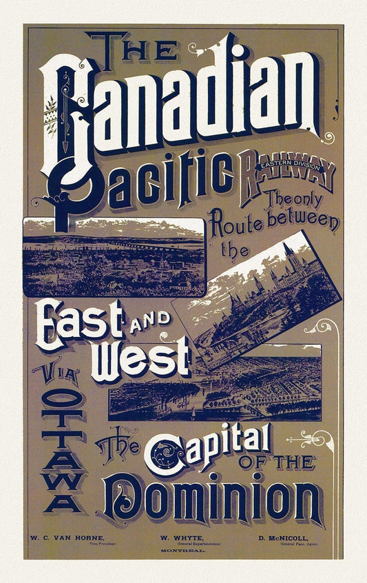 Canadian Pacific Railways, Eastern Division, 1887, travel poster on heavy cotton canvas, 50 x 70 cm, 20 x 25" approx. - The Map Chest