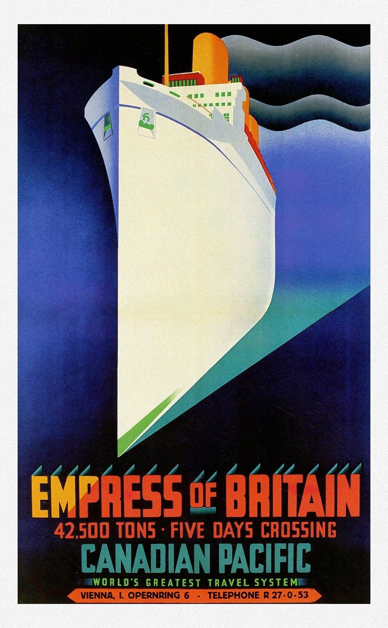 Canadian Pacific, The Empress of Britain, travel poster reprinted on durable cotton canvas, 50 x 70 cm, 20 x 25" approx. - The Map Chest