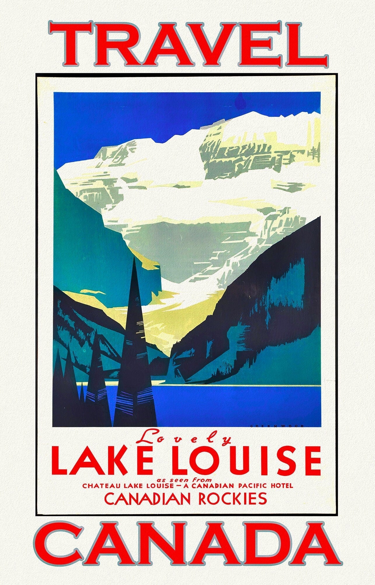 Canadian Pacific, Travel Lake Louise, Canada, vintage print on canvas, 50 x 70 cm, 20 x 25" approx. - The Map Chest