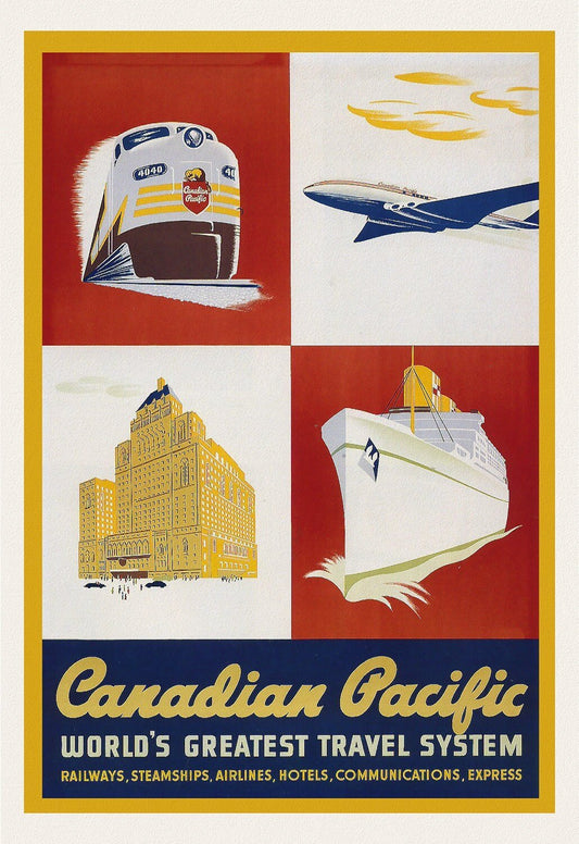 Canadian Pacific, World's Greatest Travel System, 1954, travel poster on heavy cotton canvas, 50 x 70 cm, 20 x 25" approx. - The Map Chest