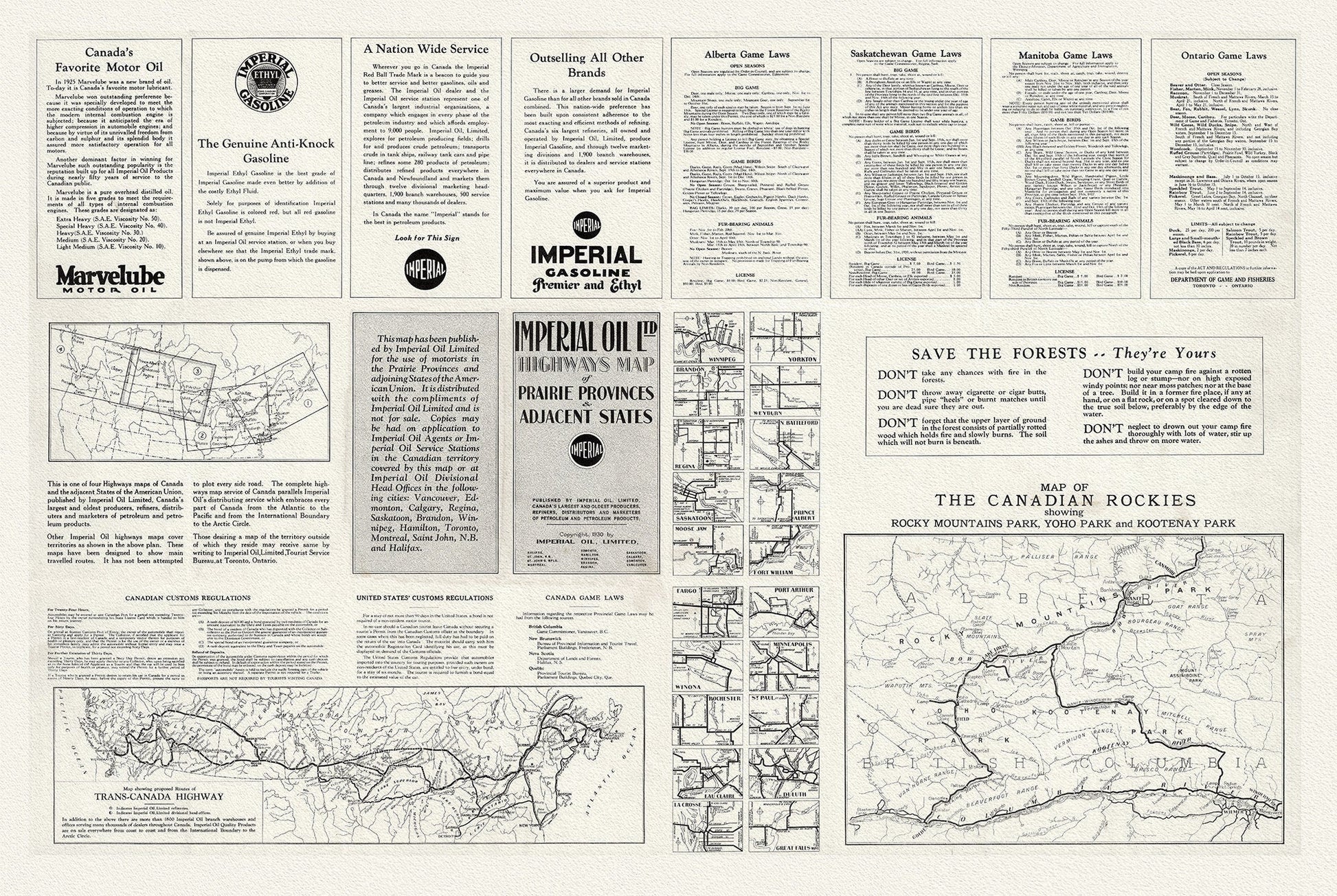 Canadian Rockies. Map Showing Proposed Routes of Trans - Canada Highway, 1930, on heavy canvas, approx.22x27" - The Map Chest