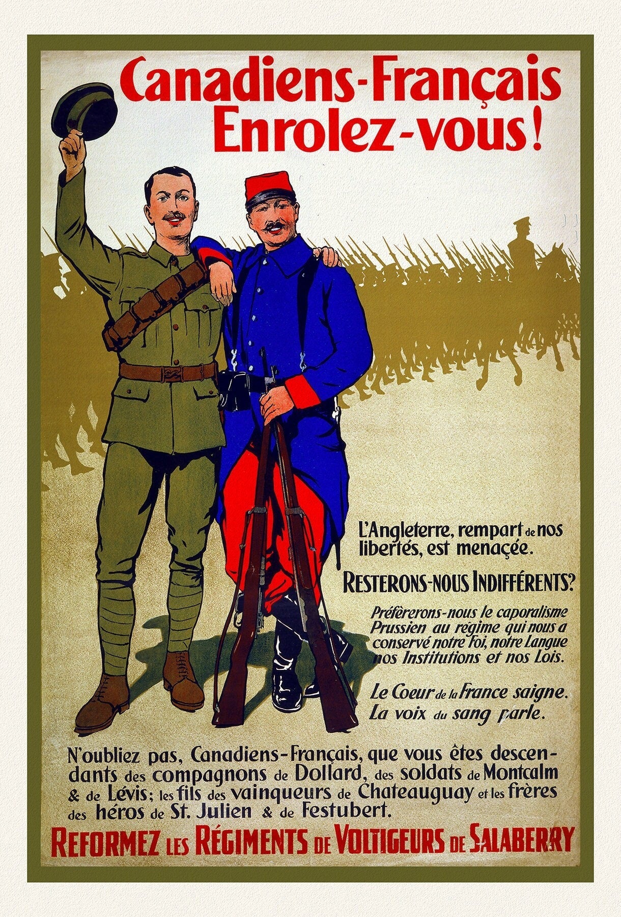 Canadiens - Français enrolez - vous! L'Angleterre, rempart de nos libertés, est menaçée.Reformez les régiments de Voltigeurs de Salaberry ,1915A - The Map Chest