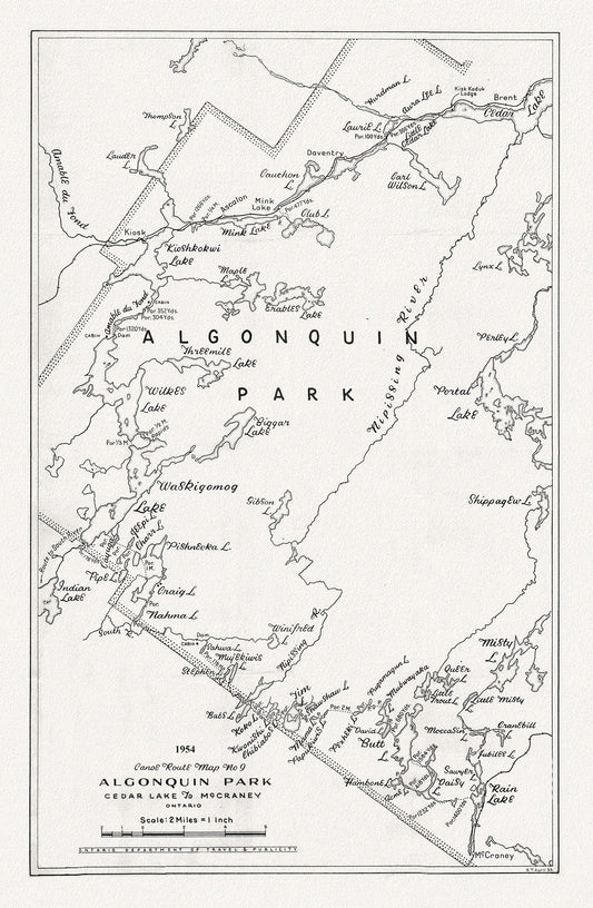 Canoe Route Map No. 9, Algonquin Park, 1954 , map on heavy cotton canvas, 22x27" approx. - The Map Chest