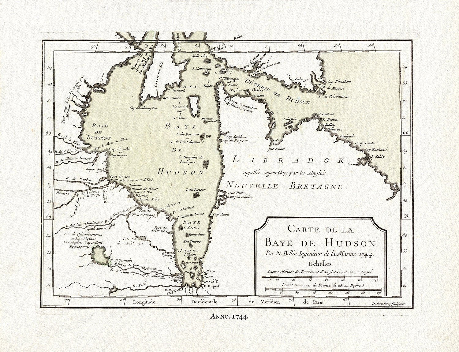 Carte de la Bye de Hudson, Bellin auth., 1744, map on heavy cotton canvas, 50 x 70 cm, 20 x 25" approx. - The Map Chest