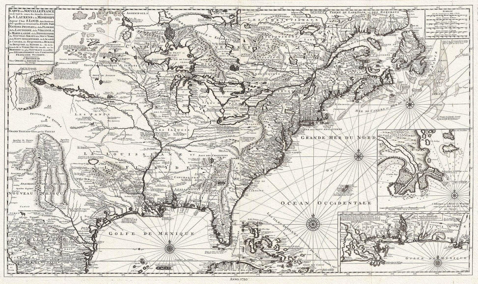 Carte de la Nouvelle France, 1720, Van Keulen, map on heavy cotton canvas, 50 x 70cm, 20 x 25" approx. - The Map Chest