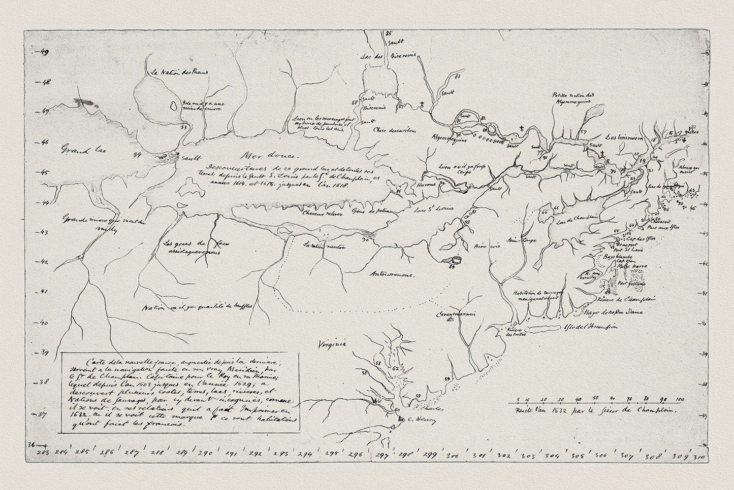 Carte de la Nouvelle France, Champlain (1632) et Thoreau (1850), map on heavy cotton canvas, 50 x 70 cm, 20 x 25" approx. - The Map Chest