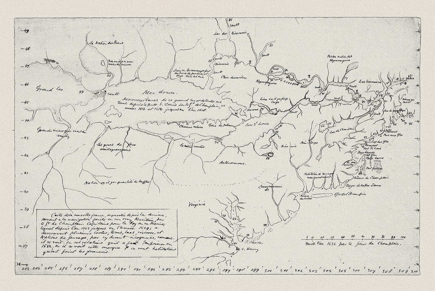 Carte de la Nouvelle France, Champlain (1632) et Thoreau (1850), map on heavy cotton canvas, 50 x 70 cm, 20 x 25" approx. - The Map Chest