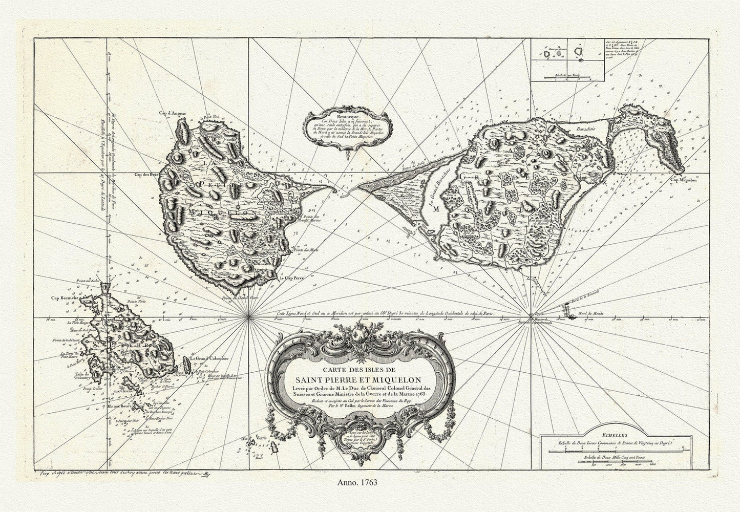 Carte des les Saint Pierre et Miquelon, 1763, Bellin auth. , map on durable cotton canvas, 50 x 70 cm, 20 x 25" approx. - The Map Chest