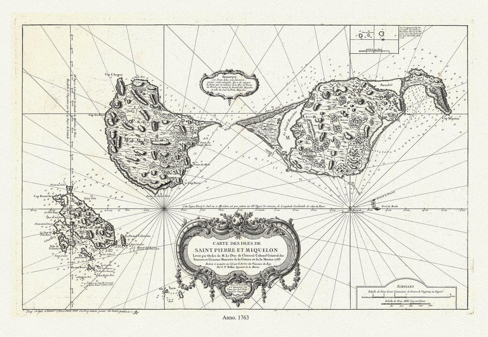 Carte des les Saint Pierre et Miquelon, 1763, Bellin auth. , map on durable cotton canvas, 50 x 70 cm, 20 x 25" approx. - The Map Chest