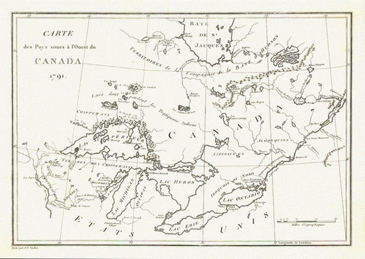 Carte des Pays situes a l'Ouest du Canada, Long auth.,1791, travel poster on durable cotton canvas, 50 x 70 cm, 20 x 25" approx. - The Map Chest