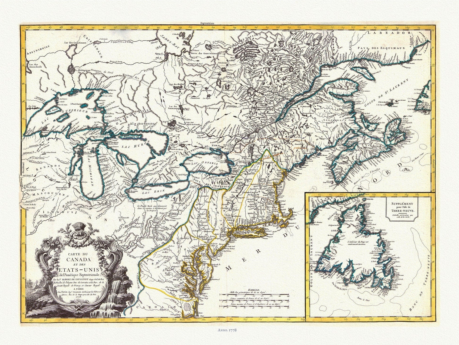 Carte du Canada et des Etats Unis de l'Amérique Septentrionale, 1778, Vaugondy auth, map on durable canvas, 50 x 70 cm, 20 x 25" approx. - The Map Chest