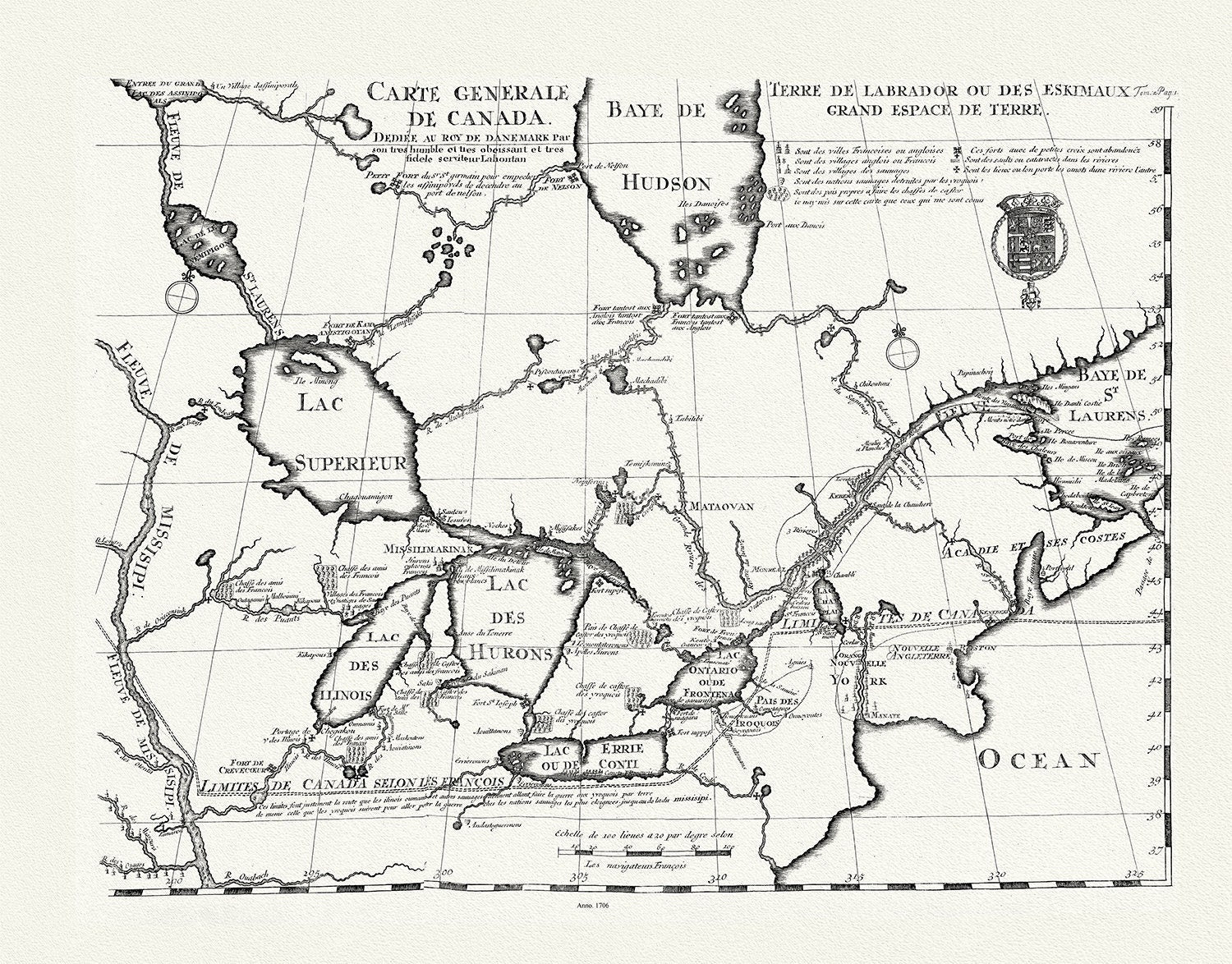 Carte generale de Canada, Lahotan auth., 1706, map on heavy cotton canvas, 50 x 70 cm, 20 x 25" approx. - The Map Chest