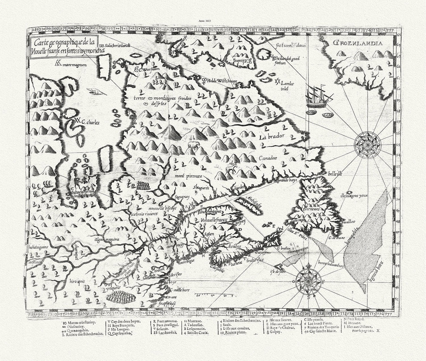 Carte geographique de la Nouelle franse en son vray moricha, Champlain auth., 1613, map on heavy cotton canvas, 50 x 70 cm, 20 x 25" approx. - The Map Chest