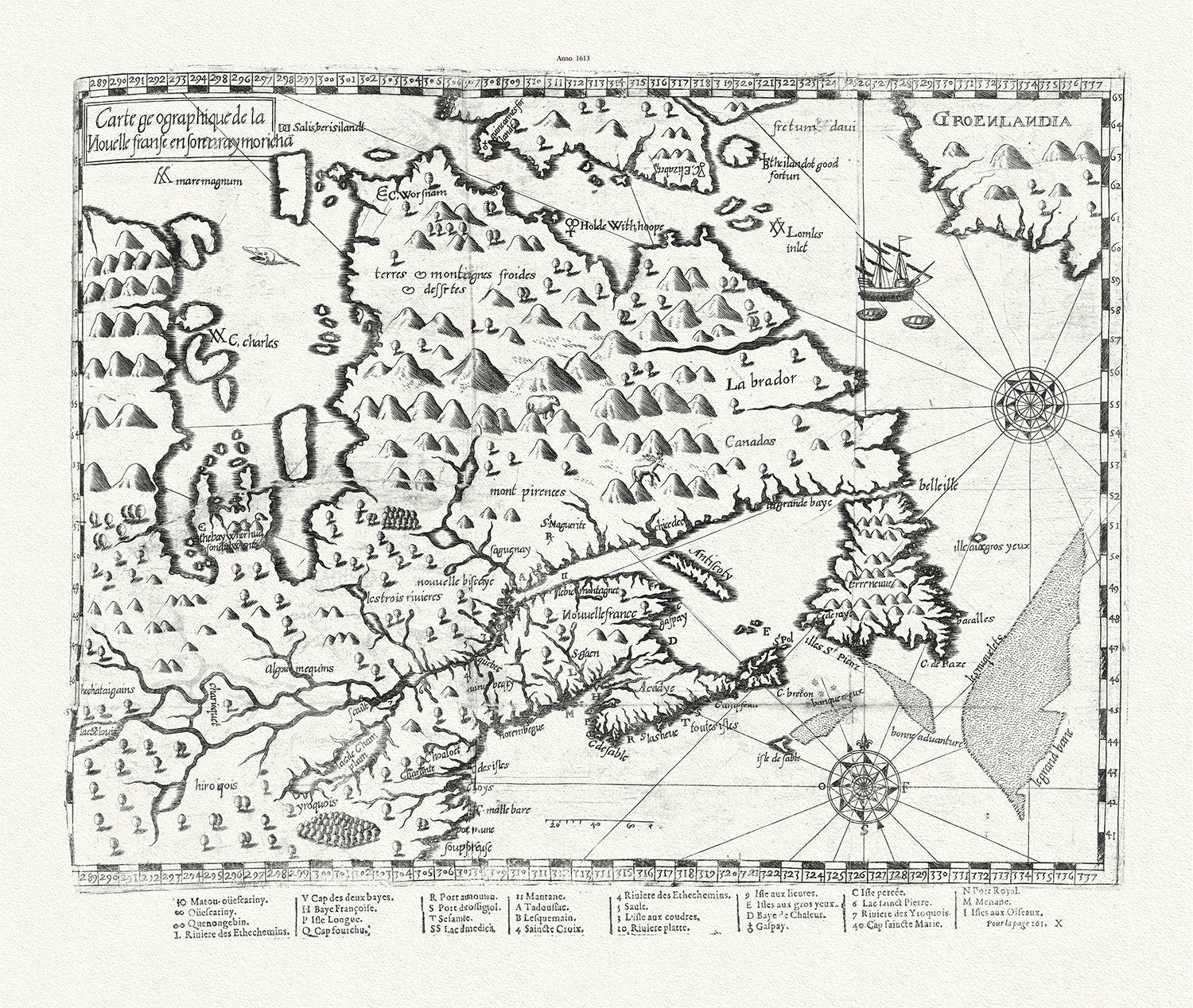 Carte geographique de la Nouelle franse en son vray moricha, Champlain auth., 1613, map on heavy cotton canvas, 50 x 70 cm, 20 x 25" approx. - The Map Chest