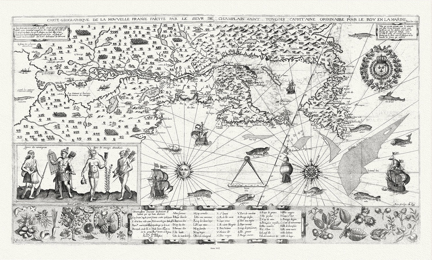 Carte geographiqve de la Nouvelle France, St Tongois cappitaine ordinaire pour le roy , Champlain.auth., 1612,,canvas, 20 x 25" approx. - The Map Chest