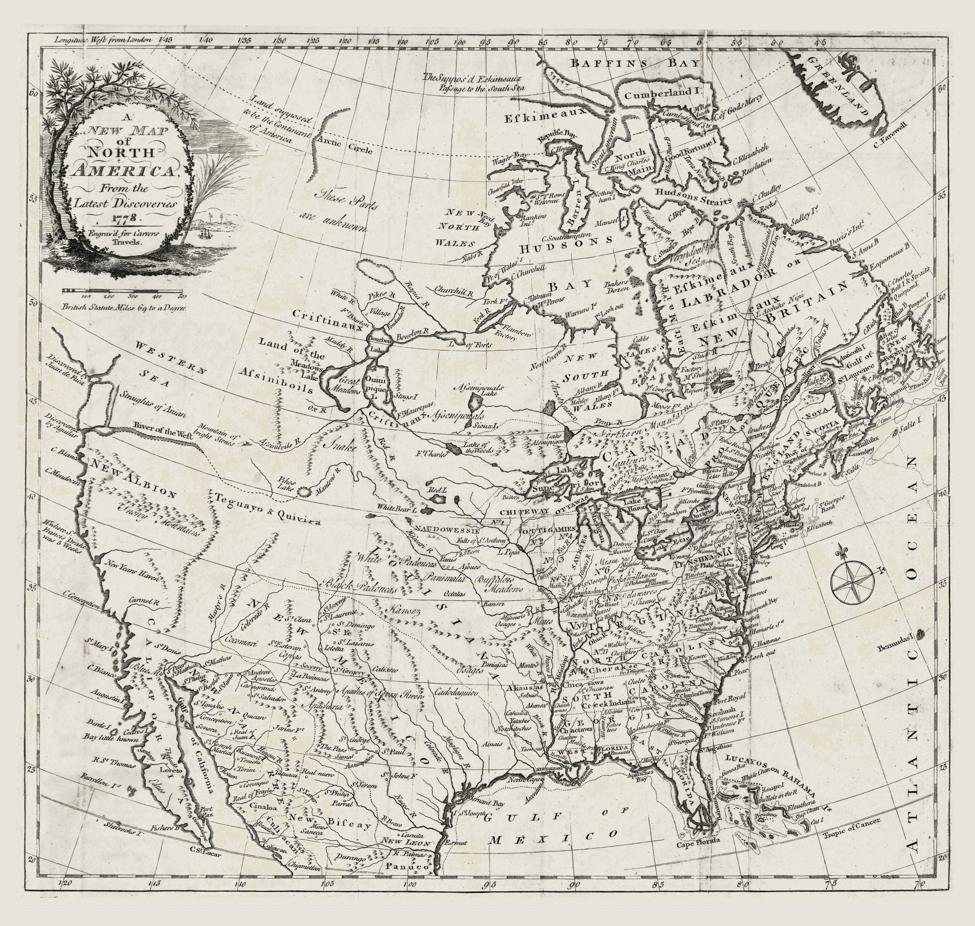 Carver, A new map of North America, from the latest discoveries, 1778, map on durable cotton canvas, 50 x 70 cm, 20 x 25" approx. - The Map Chest