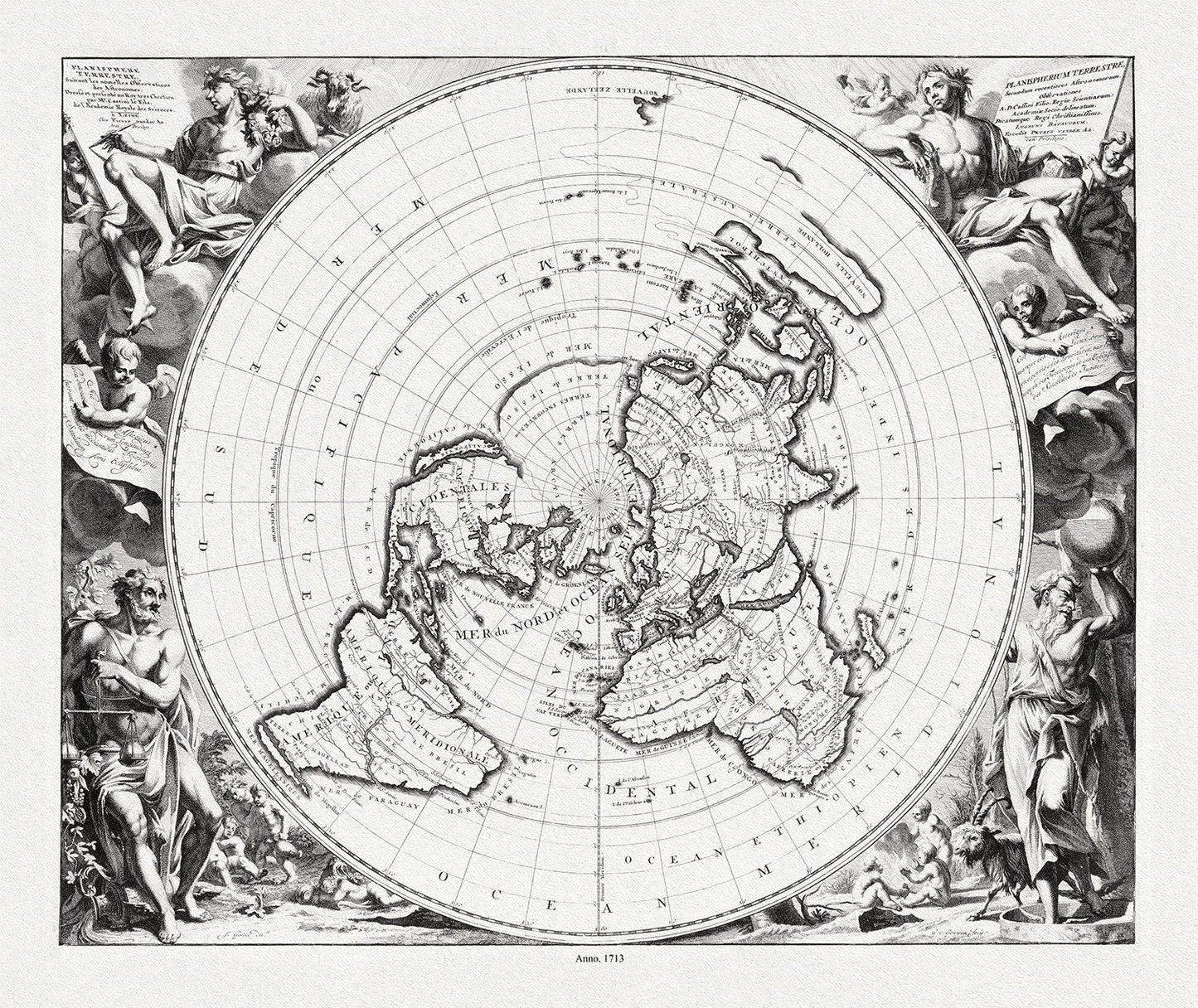 Cassinni & Aa, Planisphere Terrestre, suivant les nouvelles observations des astronomes, 1713, printed on to heavy cotton canvas, 22x27in. - The Map Chest