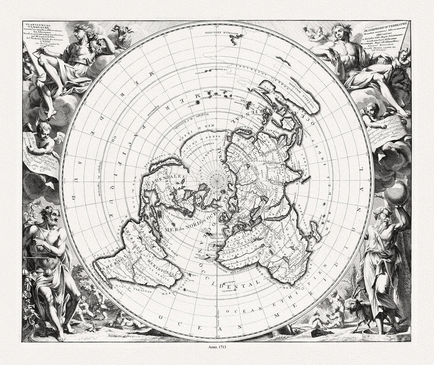 Cassinni & Aa, Planisphere Terrestre, suivant les nouvelles observations des astronomes, 1713, printed on to heavy cotton canvas, 22x27in. - The Map Chest