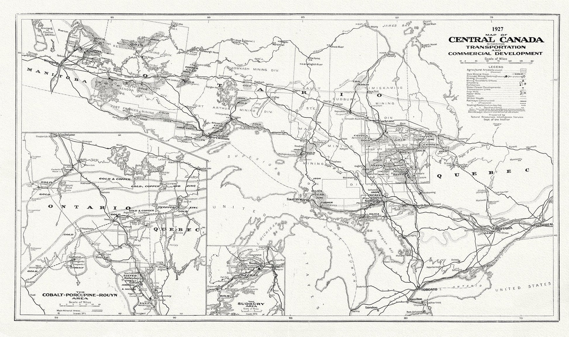 Central Canada Showing Transportation and Commercial Development, 1927, map on heavy cotton canvas, 22x27" approx. - The Map Chest