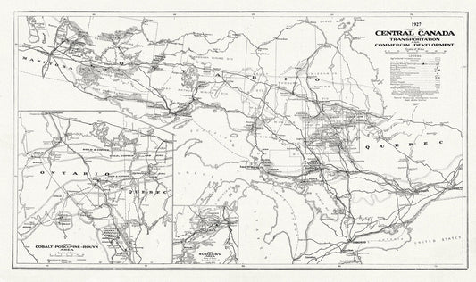 Central Canada Showing Transportation and Commercial Development, 1927, map on heavy cotton canvas, 22x27" approx. - The Map Chest