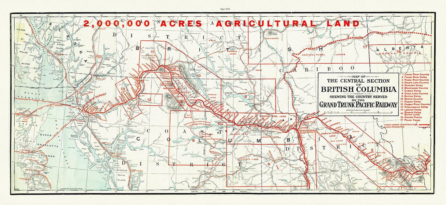 Central section of British Columbia shewing the county served by the Grand Trunk Pacific Railway, 1911 , map on canvas, 20 x 30", approx. - The Map Chest