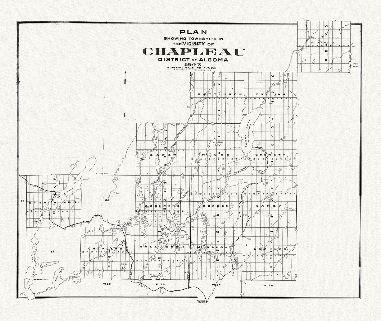 Chapleau District, Algoma, 1907, map on heavy cotton canvas, 50 x 70cm, 20 x 25" approx. - The Map Chest