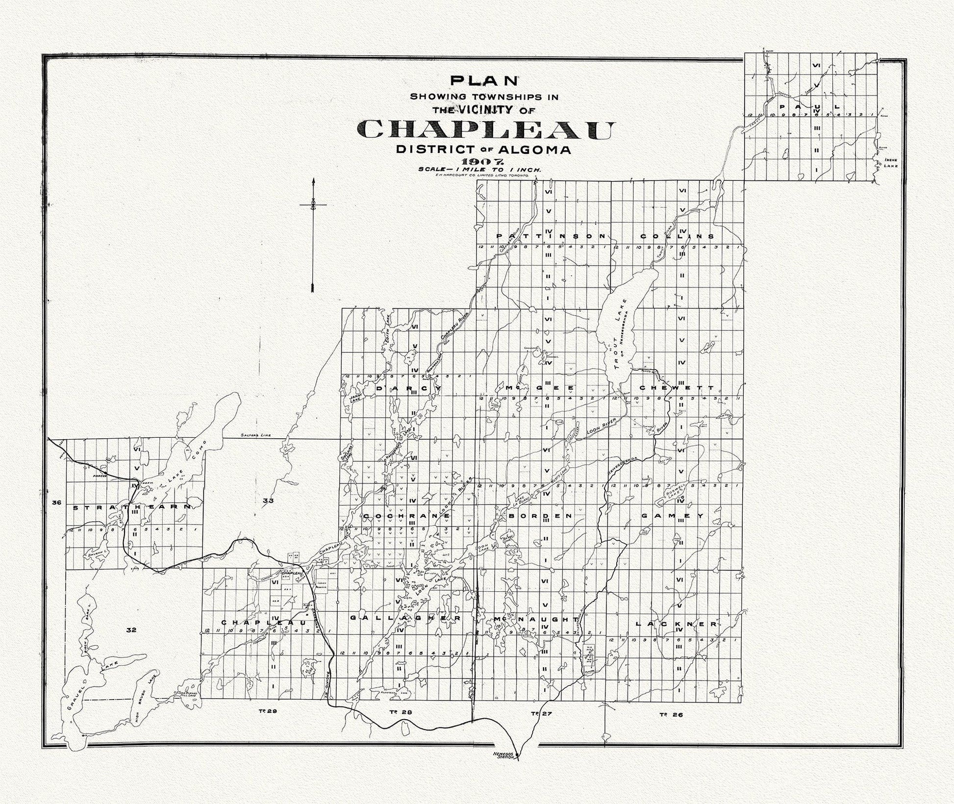 Chapleau District, Algoma, 1907, map on heavy cotton canvas, 50 x 70cm, 20 x 25" approx. - The Map Chest