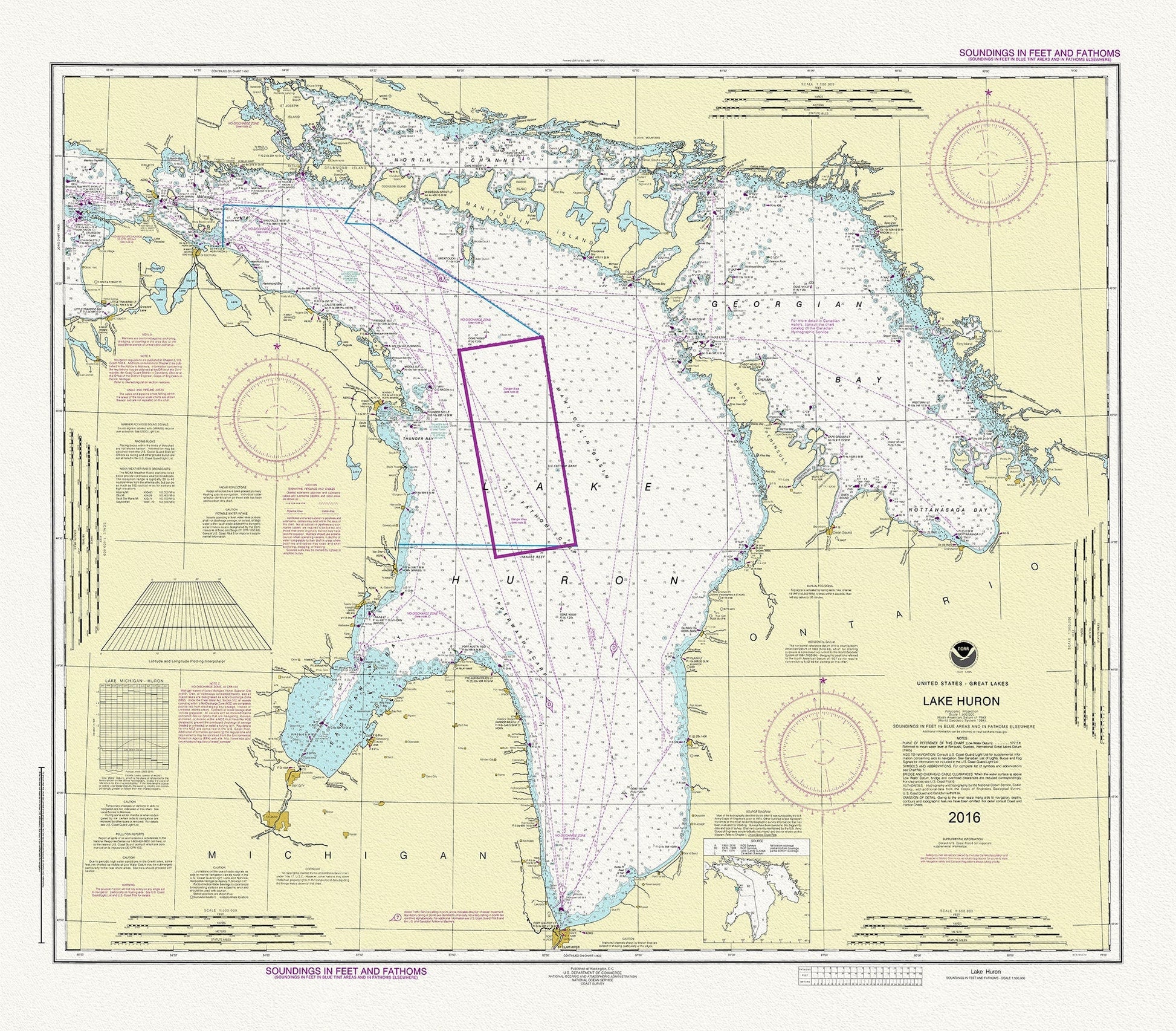 Chart of Lake Huron, 2016, map on heavy cotton canvas, 24 x 27" approx. - The Map Chest