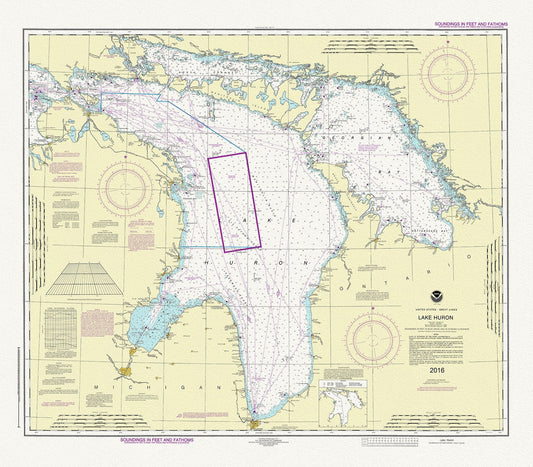 Chart of Lake Huron, 2016, map on heavy cotton canvas, 24 x 27" approx. - The Map Chest