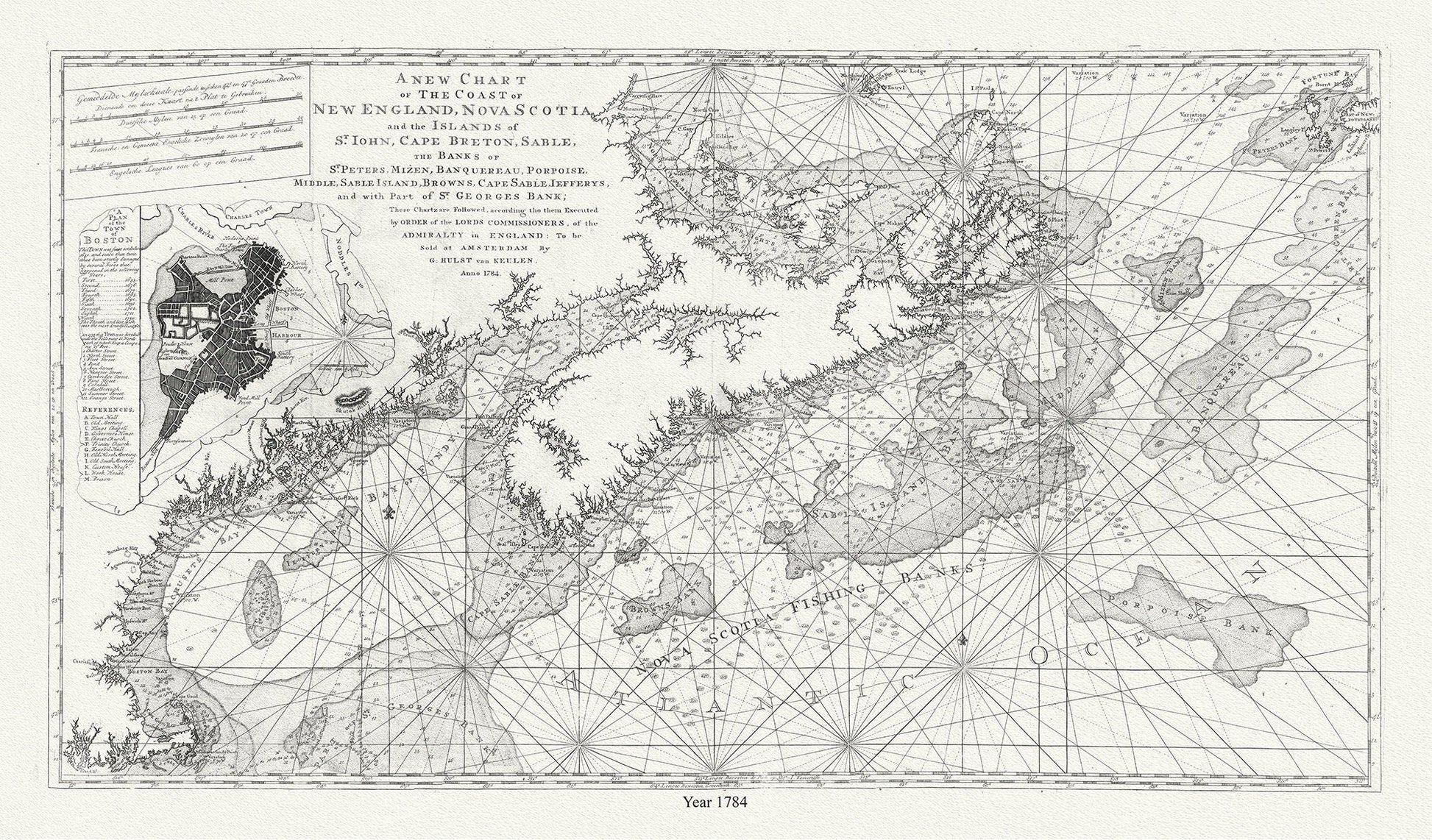 Chart of the coast of New England, Nova Scotia, and the islands of St. John, Cape Breton, Sable, banks St. Peters, 1784, Keulen auth. - The Map Chest