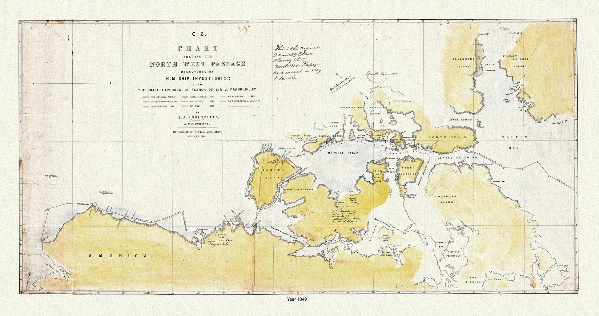 Chart Shewing the North West Passage discovered by H.M. Ship Investigator also the search of Franklin by Sir Jas. Ross, 1848 & 49 - The Map Chest