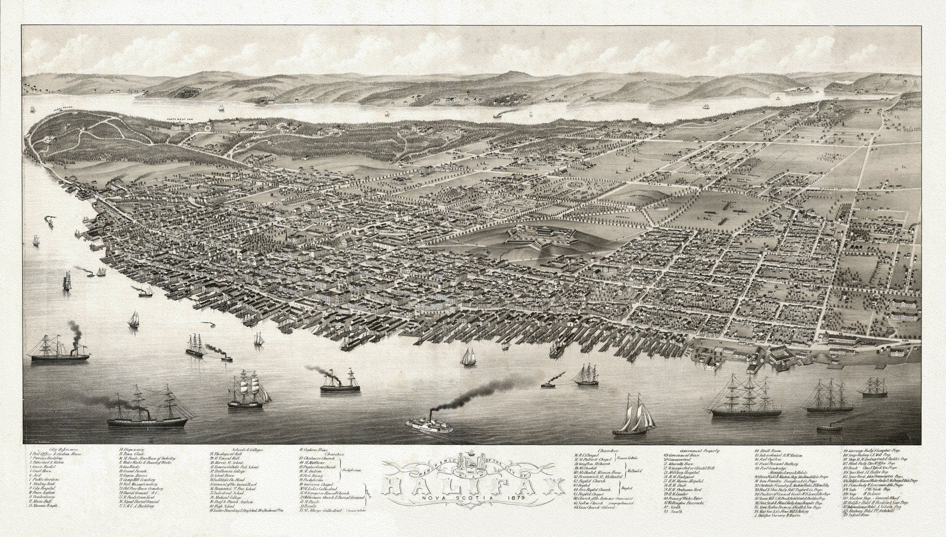 City of Halifax, Panoramic view, Nova Scotia, 1879, on heavy cotton canvas, approx. 18x27" - The Map Chest