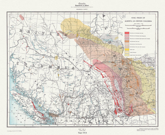 Coal fields of Alberta and British Columbia, 1914, map on durable cotton canvas, 50 x 70 cm, 20 x 25" approx. - The Map Chest