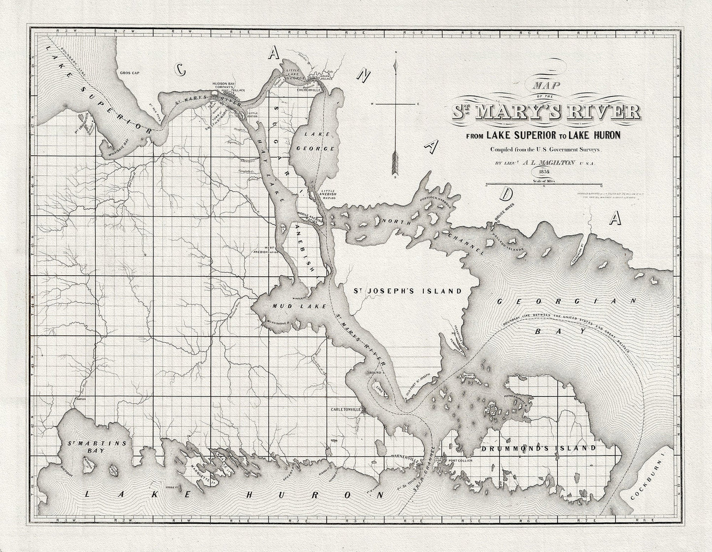 Colton, Magilton et Whitney, St. Mary's River From Lake Superior To Lake Huron, 1855 , map on heavy cotton canvas, 22x27" approx. - The Map Chest