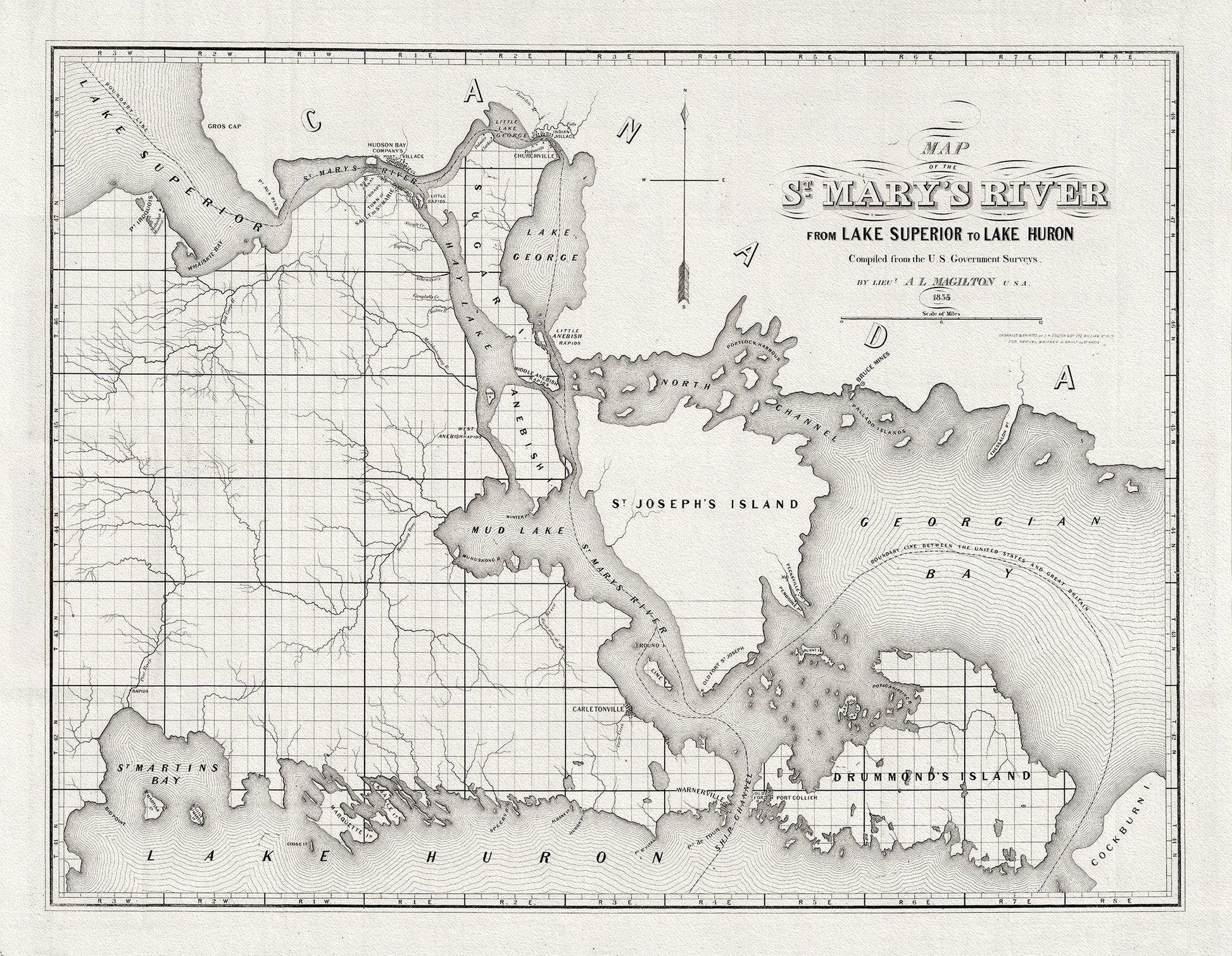 Colton, Magilton et Whitney, St. Mary's River From Lake Superior To Lake Huron, 1855 , map on heavy cotton canvas, 22x27" approx. - The Map Chest