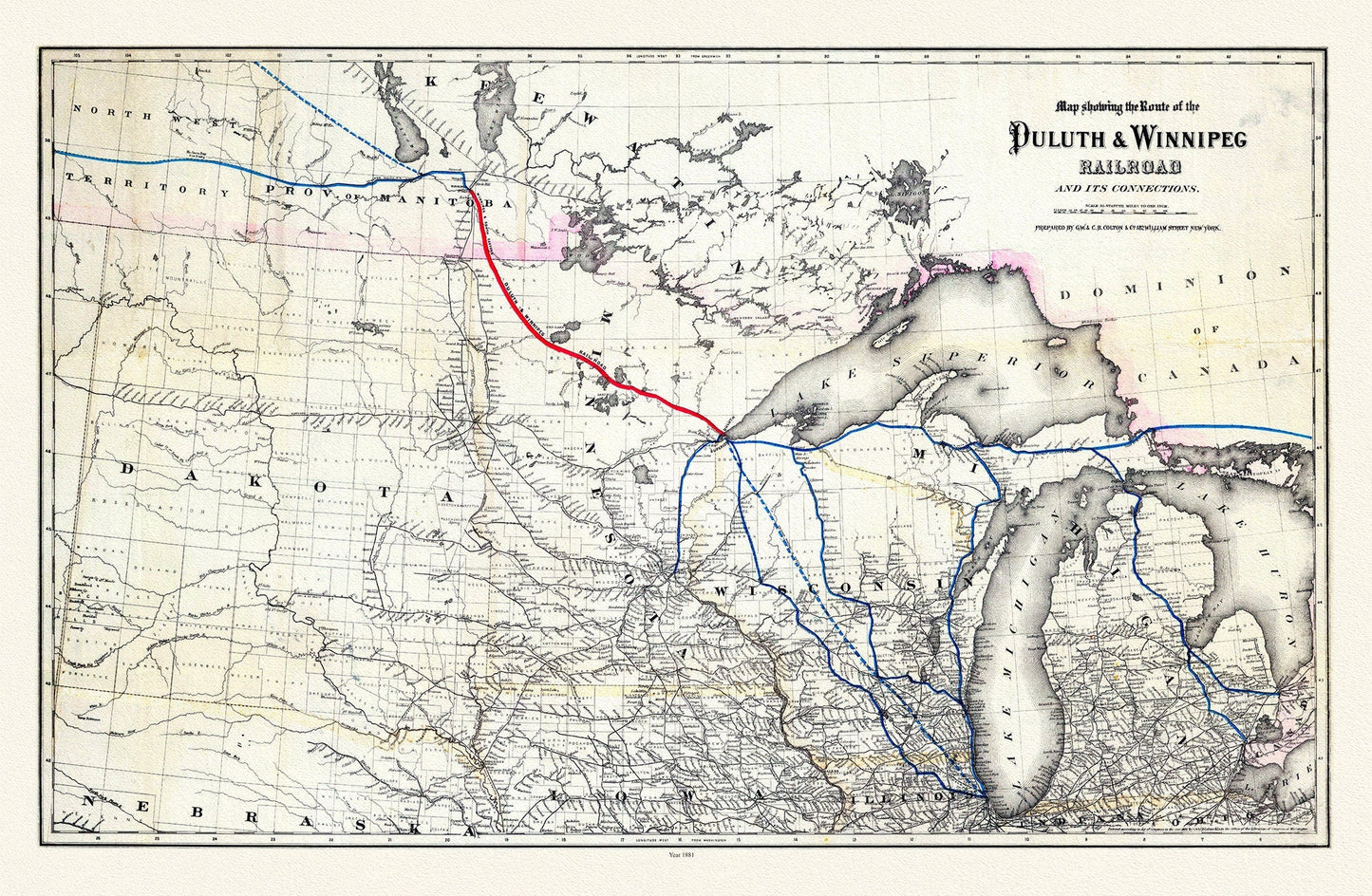 Colton, Route of the Duluth & Winnipeg Railroad, 1881, map on durable cotton canvas, 50 x 70 cm, 20 x 25" approx. - The Map Chest