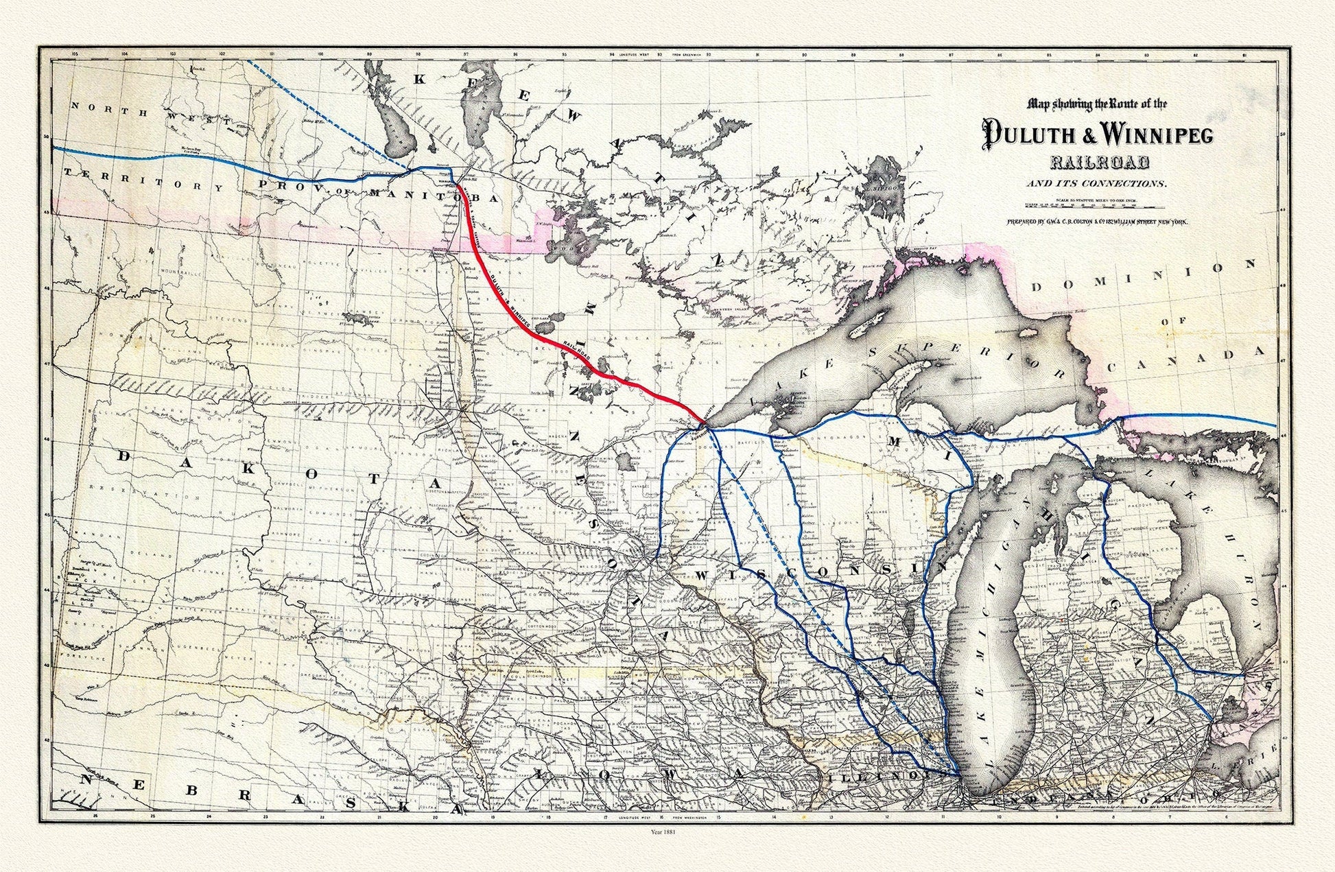 Colton, Route of the Duluth & Winnipeg Railroad, 1881, map on durable cotton canvas, 50 x 70 cm, 20 x 25" approx. - The Map Chest