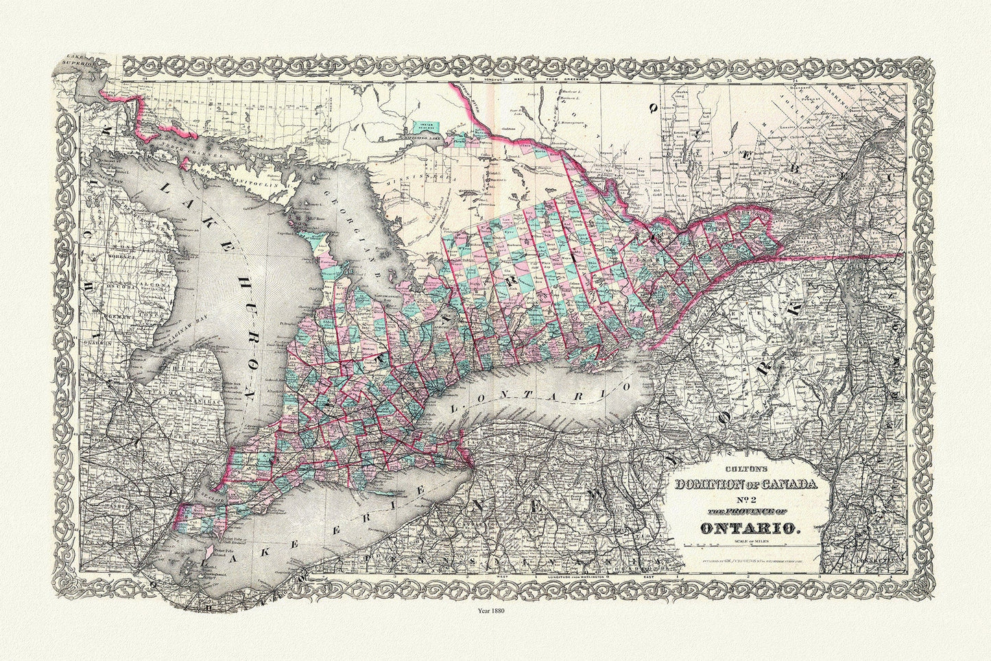 Colton, The Dominion of Canada No. 2., The Province of Ontario, Colton, 1880, map on heavy cotton canvas, 50 x 70 cm, 20 x 25" approx. - The Map Chest