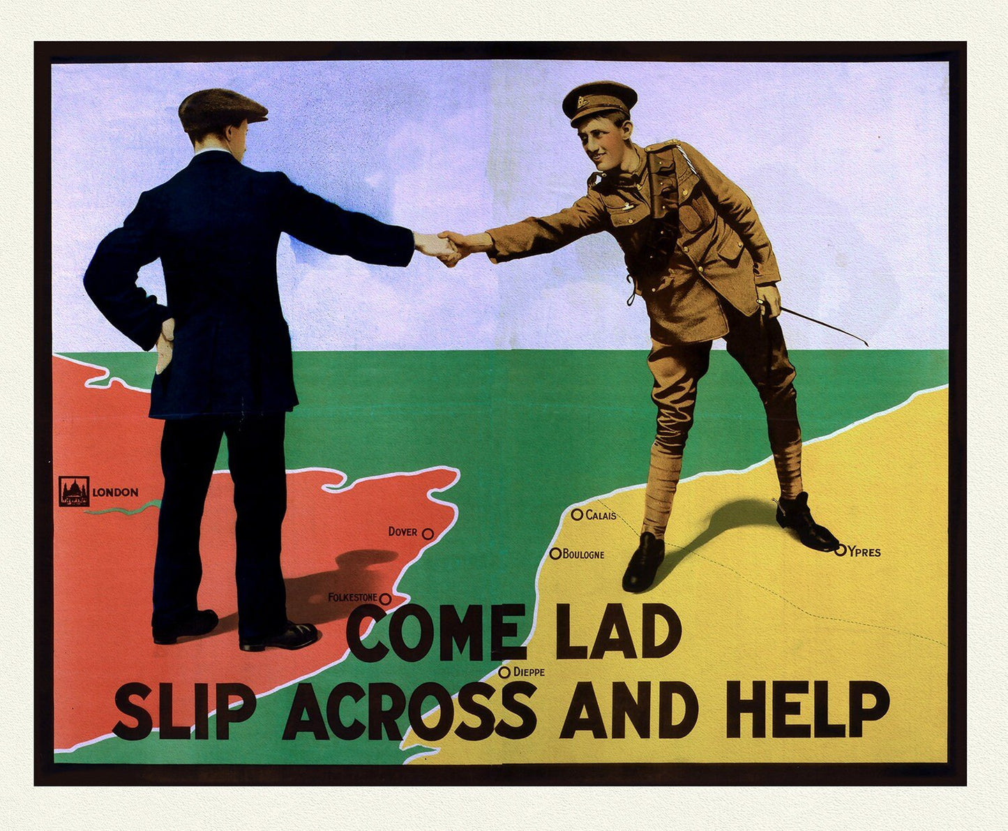 Come Lad Slip Across and Help!, vintage war poster on durable cotton canvas, 50 x 70 cm, 20 x 25" approx. - The Map Chest