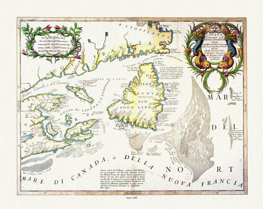 Coronelli, Canada Orientale Nell' America Settentrionale, 1690, map on heavy cotton canvas, 22x27" approx. - The Map Chest