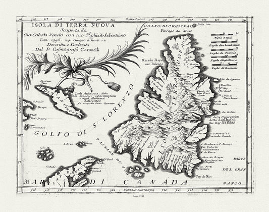 Coronelli, Map of Newfoundland,1692 Ver. III , map on heavy cotton canvas, 45 x 65 cm, 18 x 24" approx. - The Map Chest