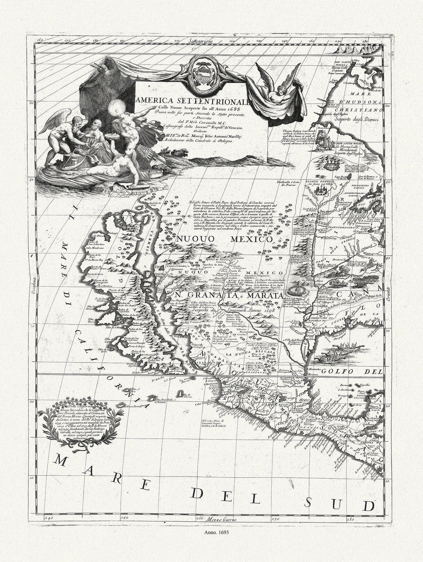 Coronelli (Vicenzo 1650 - 1718) - America Settentrionale (parte occidentale), 1693, map on heavy cotton canvas, 20 x 25" approx. - The Map Chest
