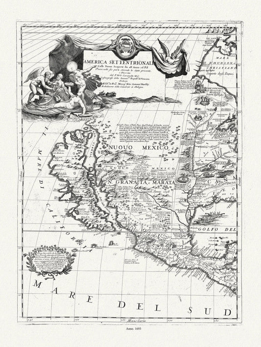 Coronelli (Vicenzo 1650 - 1718) - America Settentrionale (parte occidentale), 1693, map on heavy cotton canvas, 20 x 25" approx. - The Map Chest
